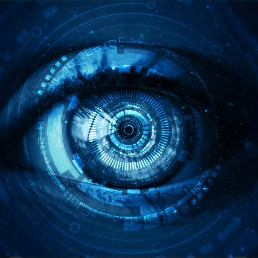Digitales blaues Auge als Symbol für Fälschungssicherheit und optische Prüfung
